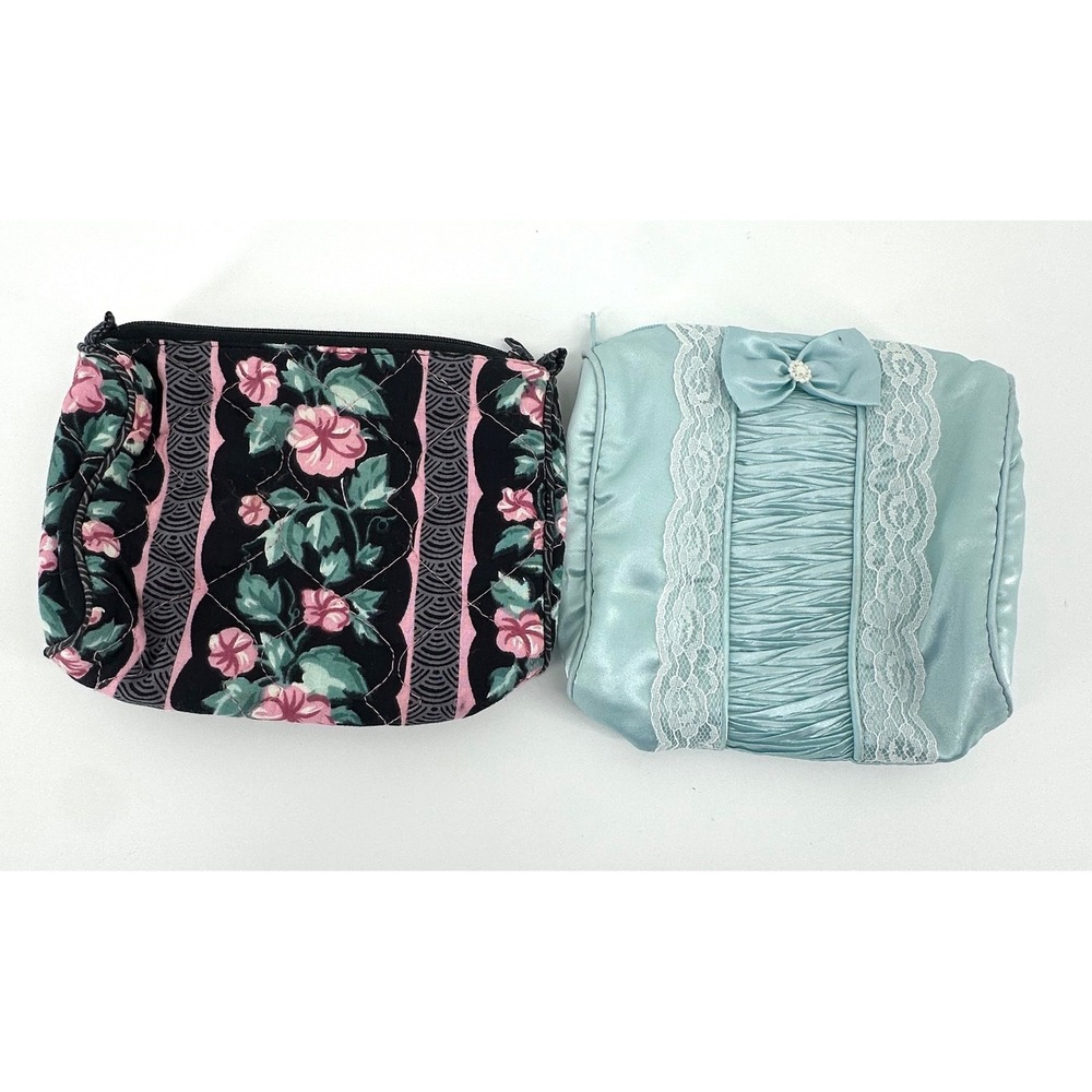 Vintage Cosmetic Bag Set Quilted Floral Cotton & Blue Satin Lace Bow Pouches